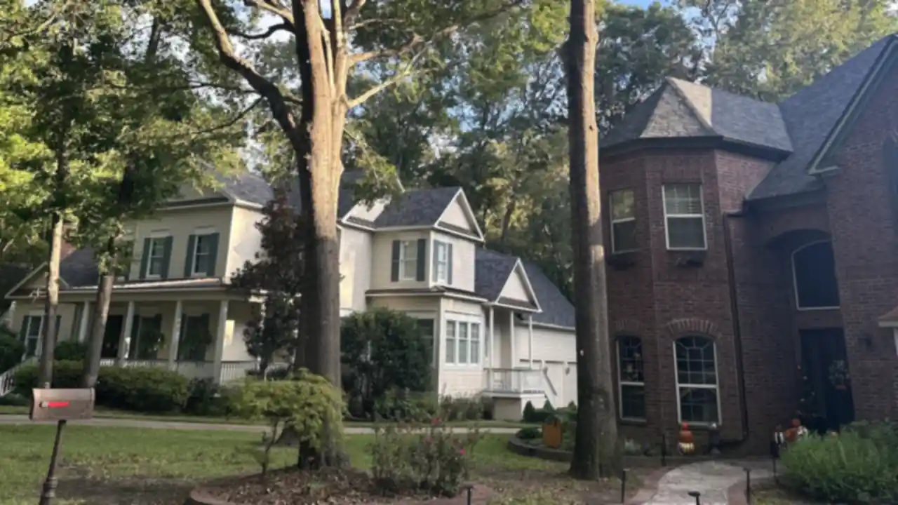 Mature trees standing over a finished front lawn and walk in a Tyler-area neighborhood
