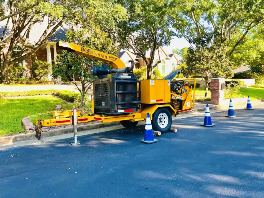 The JR Tree Service chipper parked on a residential street behind traffic cones